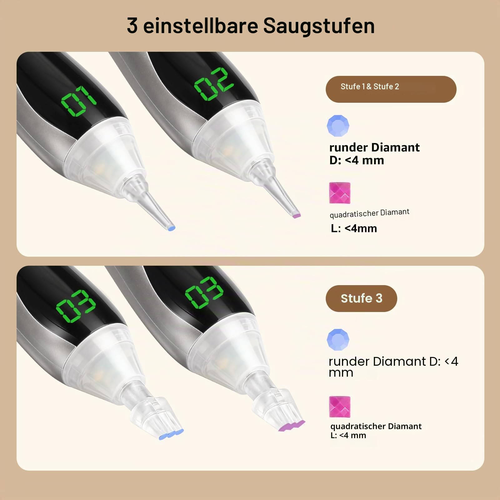 PP OPOUNT Elektrischer Diamond Painting Stift Silber mit LED Licht & Display, 3 Saugstufen, Kabellos & Wiederaufladbar, Leiser Vacuum Stift, Ergonomisches Diamond Painting Zubehör für Erwachsene