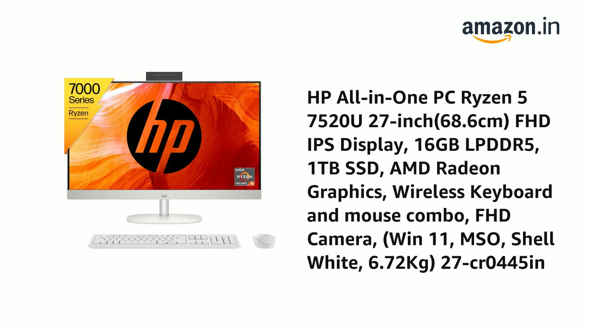 HP All-in-One PC Ryzen 5 7520U 27-inch FHD IPS Display 27-cr0445in