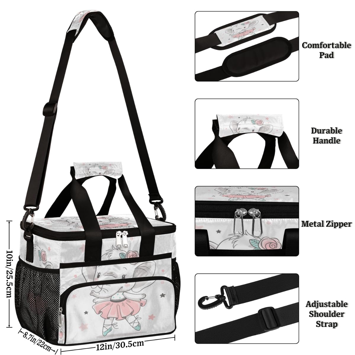 TropicalLife Grand sac à déjeuner pour bébé éléphant 17 L - Grand sac à déjeuner isotherme avec bandoulière - Étanche - Pour le travail, l'école, le barbecue