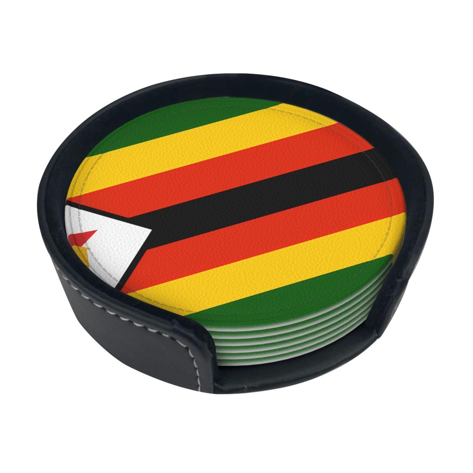 Cntdbu White Flag Of Zimbabwe Leather Coasters Set Of 6-Pu Leather Drink Mats For Table, Heat Resistant Round Coasters With Holder