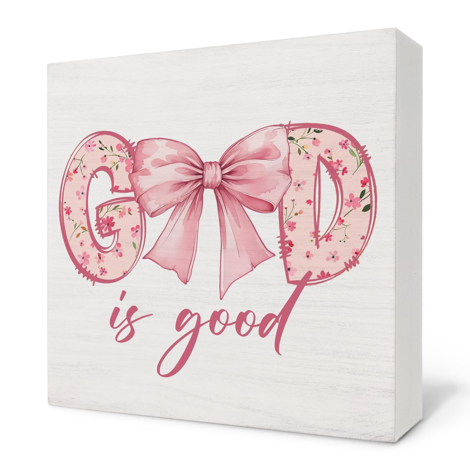 Nvotell Pink Christian Desk Decor, God Is Good Coquette Pink Bow Wooden Box Sign, Religious Bible Verse Wood Block Plaque for Girly Room Dorm Bedroom