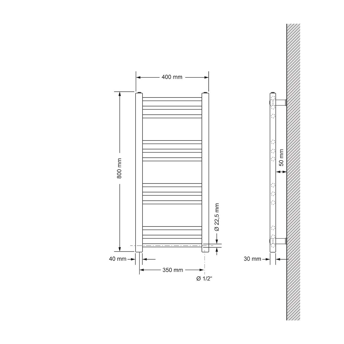 LuxeBath Badheizkörper Elektrisch mit Heizstab ECO 300W - 400 x 800 mm - Weiß - gerade mit Seitenanschluss - Heizkörper Handtuchwärmer Handtuchtrockner