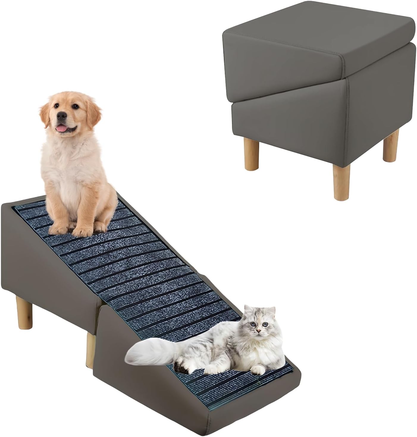Upgraded Cat Scratcher Split Ottoman Dog Ramp, 2-in-1 Convertible Wooden Home Step Stool Dog Ramp Stairs for Small Dogs and Cats,Includes A Non-Slip Mat,Portable Pet Ladder for Bed and Couch (Brown)