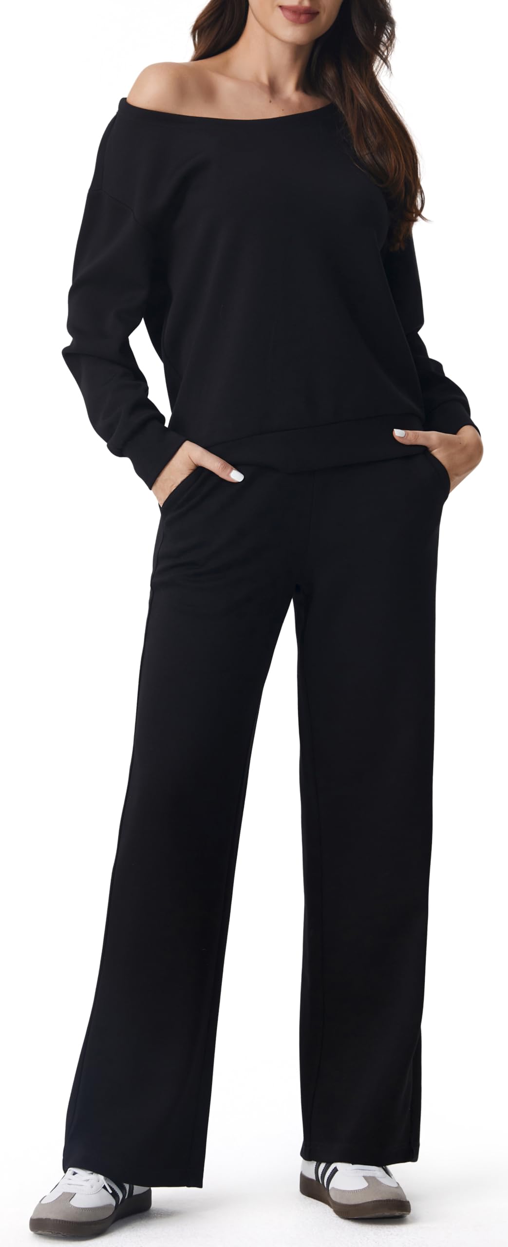 AFITNE Women 2 Piece Outfits Sets Off-Shoulder Long Sleeve Wide Leg Tracksuits with Pockets