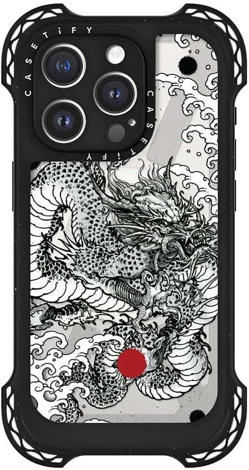 CASETiFY Ultra Bounce Case for iPhone 15 Pro [10x Military Grade Drop Tested / 32.8ft Drop Protection/Compatible with Magsafe] - Power Dragon by Gabe Shum - Clear Black