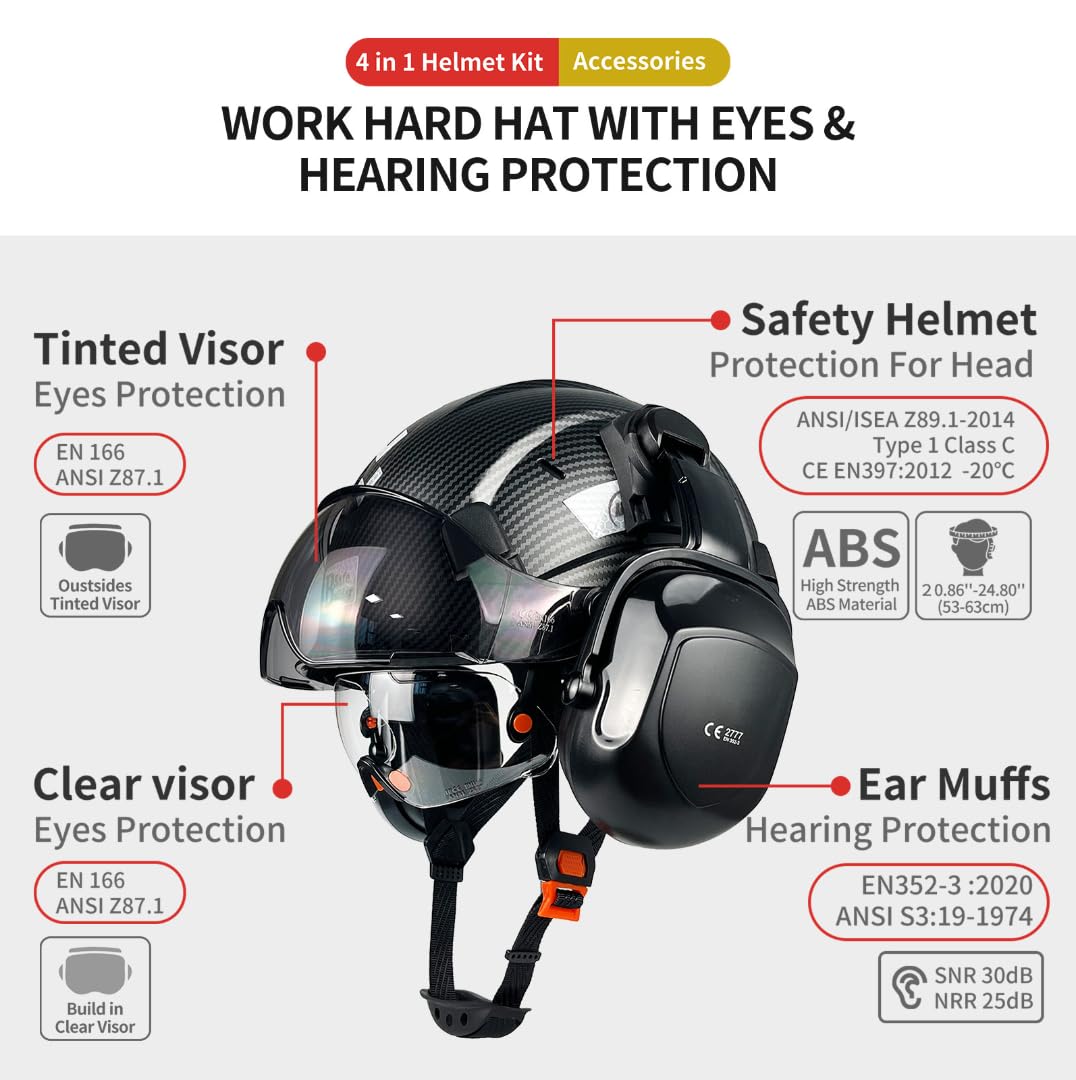 Casque de sécurité industriel en fibre de carbone avec double visière de protection pour les yeux, protège-oreilles, protection auditive, haute sécurité en ABS, casque de chantier ventilé