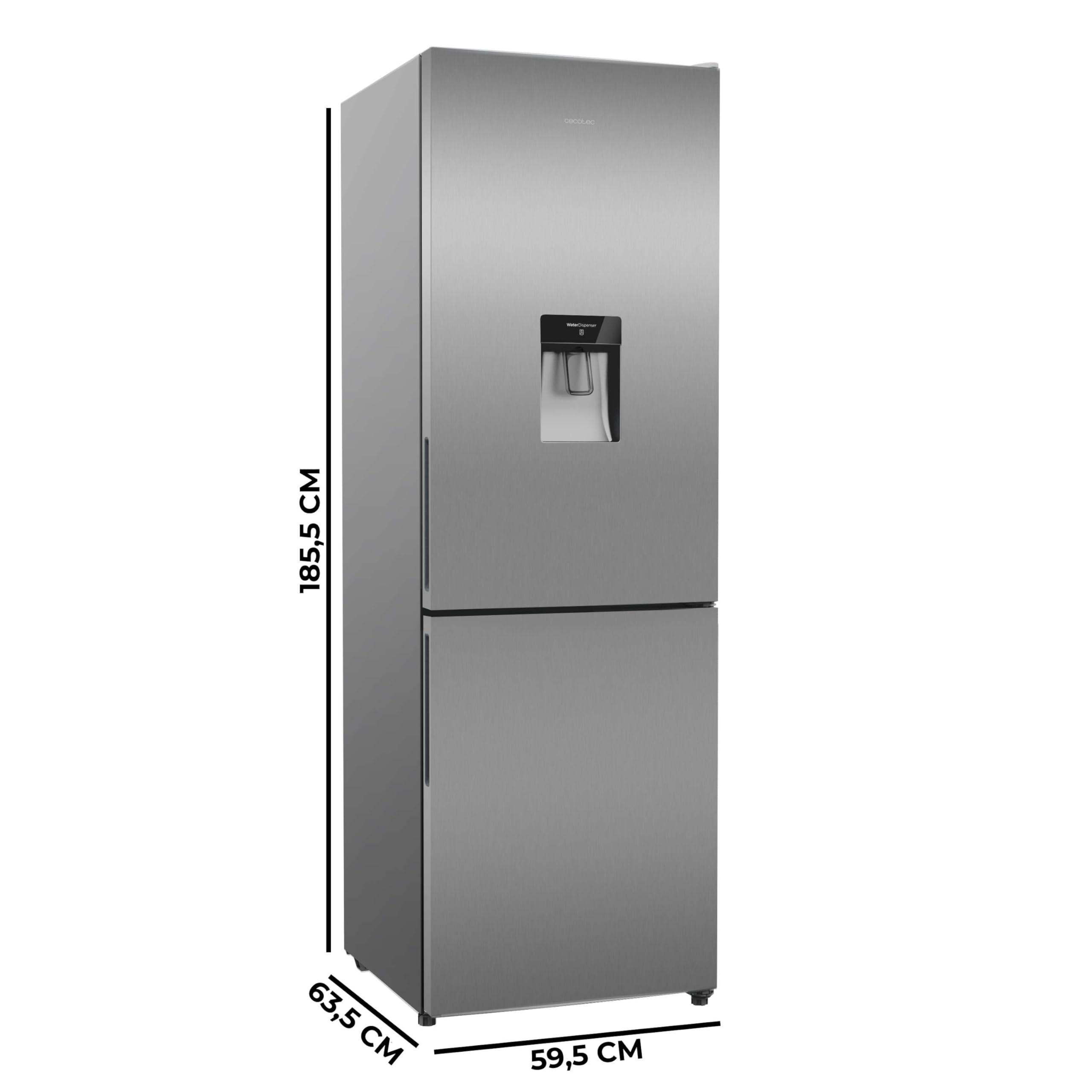Cecotec Frigorifero Combinato con Dispenser Acqua 322L Bolero CoolMarket Combi 322i WD Inox D. Altezza 185,5cm, Larghezza 59,5cm, Tecnologia Multi Airflow, HumidityFlex HUB, LED Interno