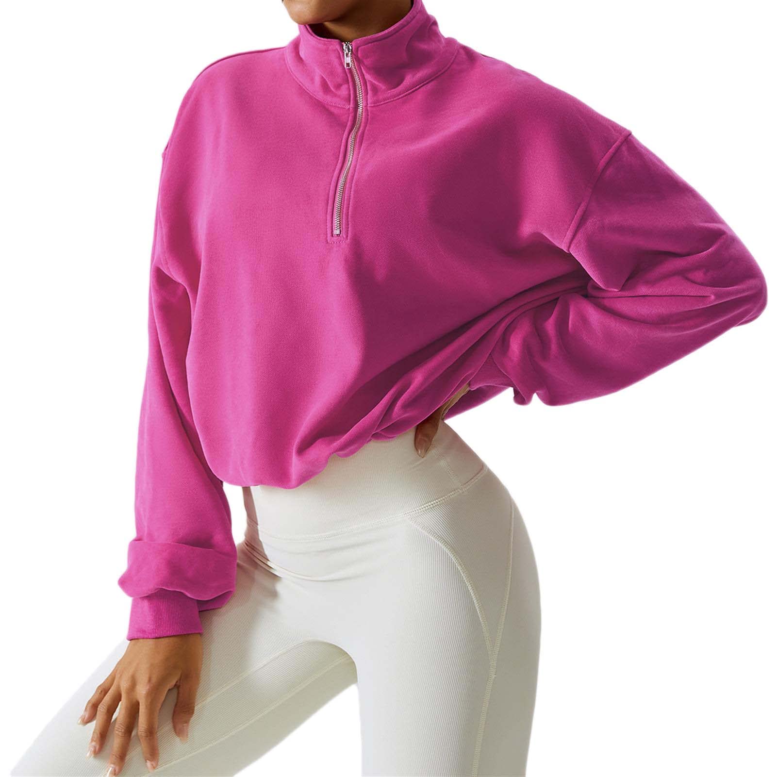 Sudadera para mujer, ajuste holgado, manga larga, cuello alto, con cremallera de cordón para correr al aire libre, rosa, talla 8/S
