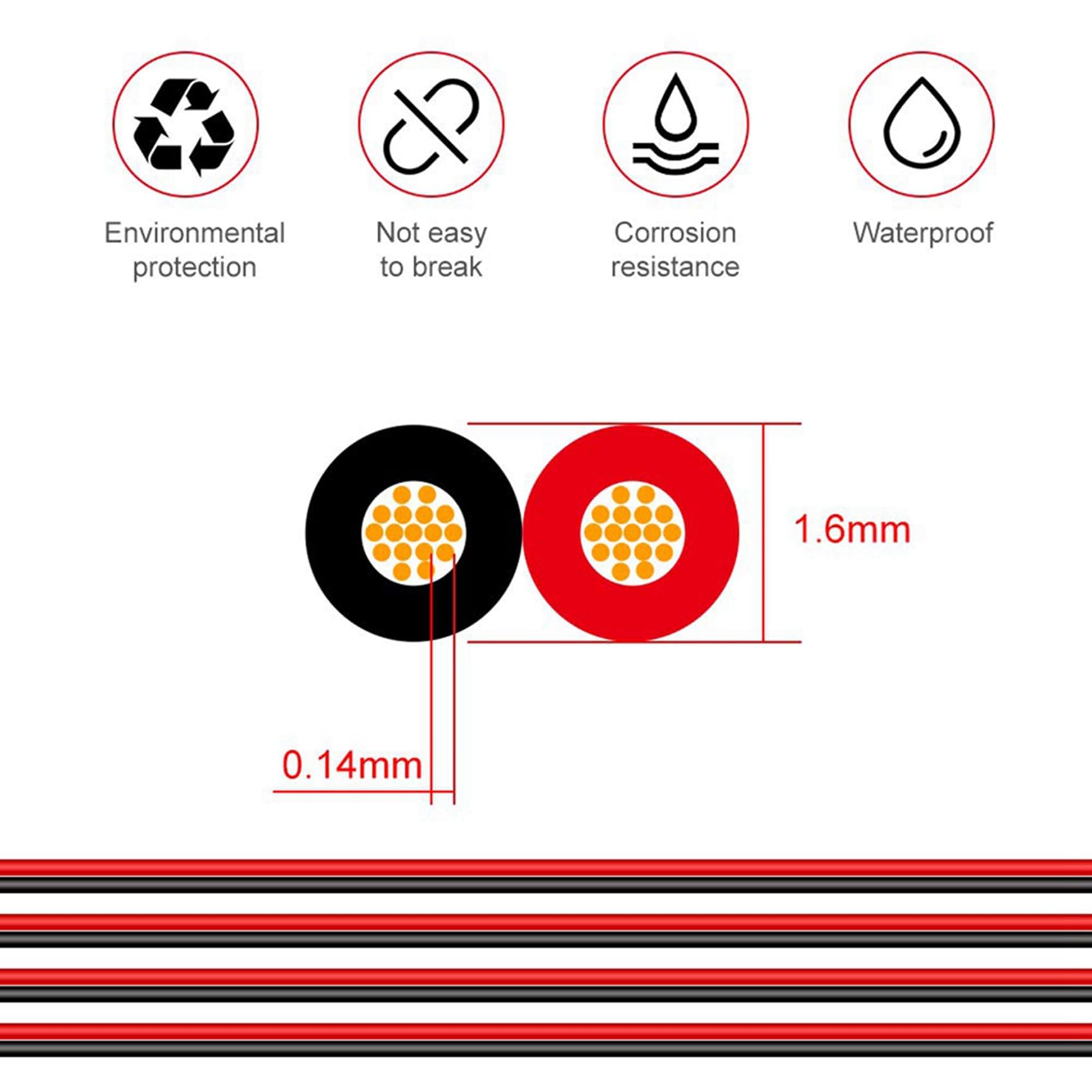 2X 2Pin Draht 100M 22AWG 12V/24V VerläNgerung Kabel Rot und Schwarz 2-Adriges Verzinntes Kupfer LED Licht Leiste Power Netzkabel