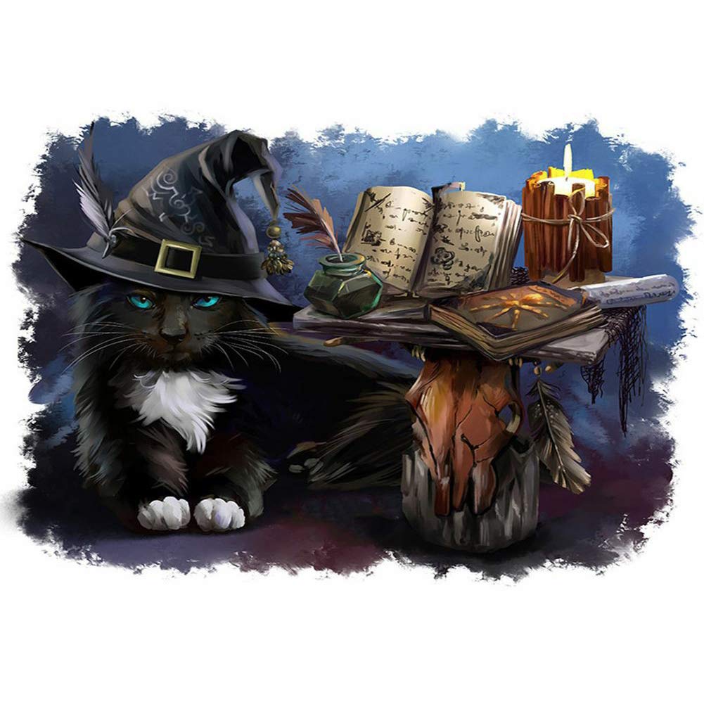 DIY 5D Diamond Painting by Numbers Kits, Magic Black Cat 30x40cm Canvas Full Drill Diamond Art Paint with Diamonds Crystal Cross Stitch (Cat)