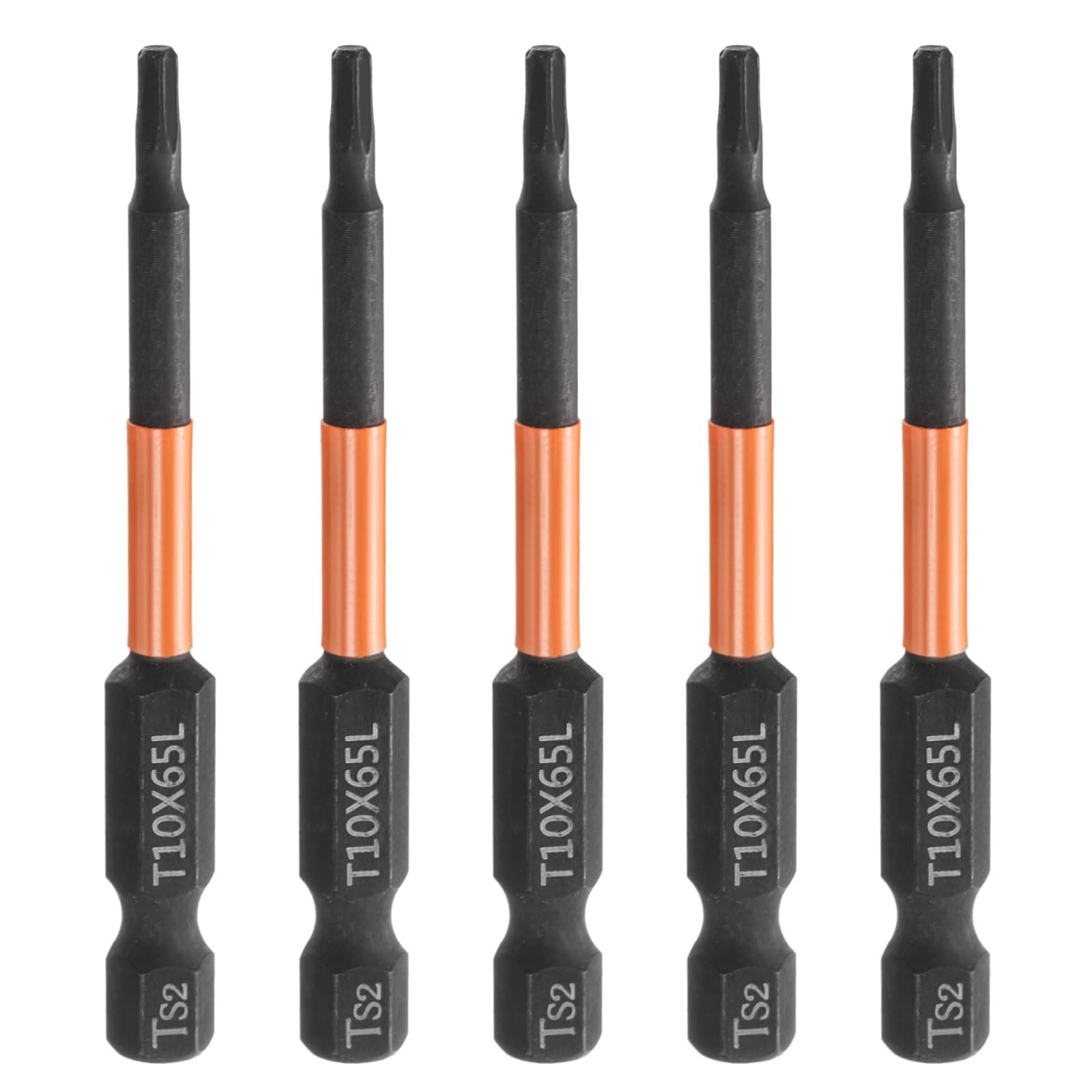 sourcing map 5pcs T10 Torx Head Screwdriver Bit 2.56" (65mm) Long 1/4" Hex Shank Magnetic No Hole Tamper Proof 6 Point Star Screw Driver Drill Bits Phosphate S2 Steel Industrial Power Tools