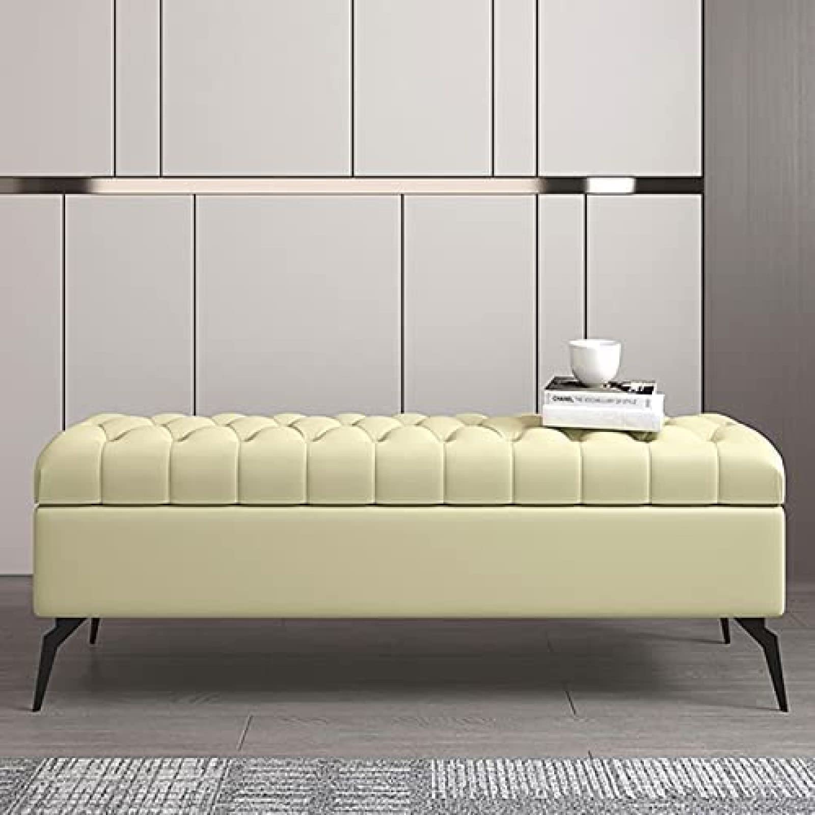 Banc ottoman rectangulaire avec rangement coffre jaune crème 100x40
