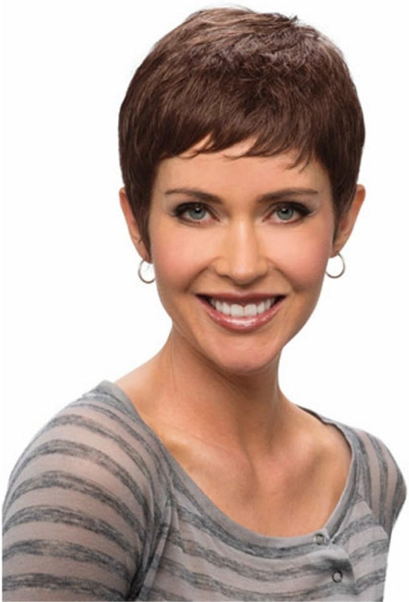 COPLY Pixie Cut Straight Synthetic Wigs For Black Women Light Brown Naturally Short Hair With Bangs