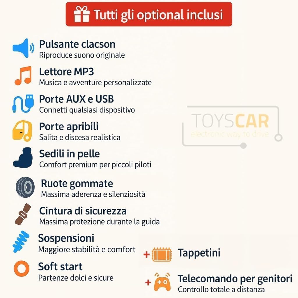 TOYSCAR Macchina Elettrica Per Bambini Fuoristrada Adventure Full Optional TAPPETINI e RUOTE IN GOMMA Auto Elettrica Per Bambini Telecomandata Sedile In Pelle Porte Apribili Doppio Motore12V