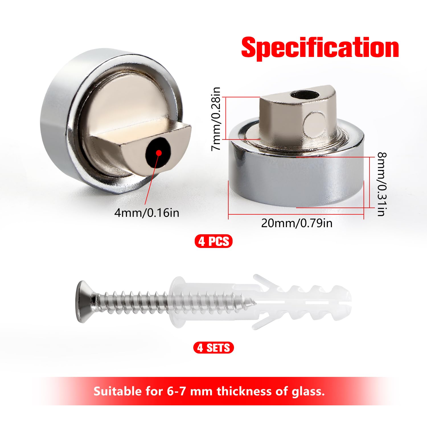 YIXISI 4 PCS 6-7 mm Mirror Clips Round Glass Clamp, Zinc Alloy Glass Clip, Bathroom Mirror Clips, with Plugs and Screws - Image 2