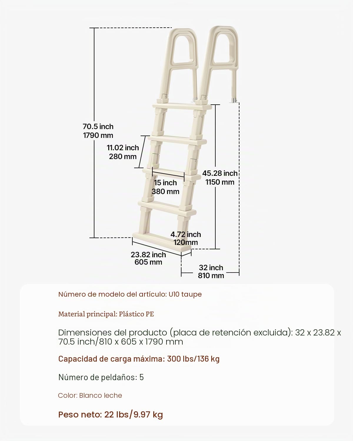 VEVOR Escalera para Piscina con Pasamanos Dobles de 5 Escalones con Inclinación de 75°, Escalones Resistentes Antideslizantes, Carga de 136 kg, para Piscinas Enterradas y Elevadas, 810 x 605 x 1790 mm