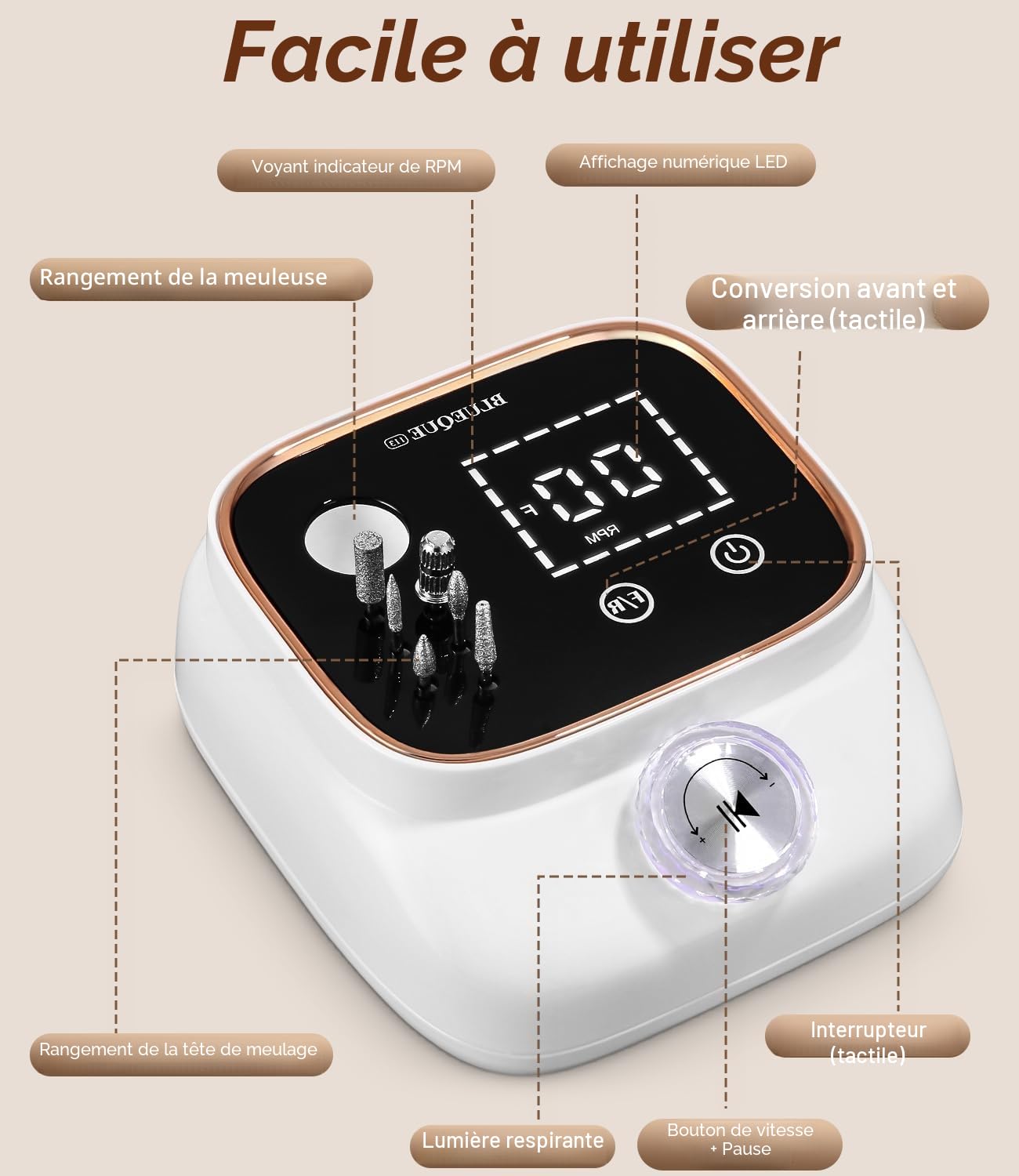 Zawaer Ponceuse pour Ongles 45,000RPM, Professionnelle Lime A Ongle Electrique, Ponceuse Ongles avec Écran LCD, Ensemble d’accessoires Kit avec Manucure Pédicure, pour Salon, Usage Maison Or