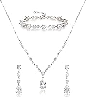 EVERFAITH Teardrop Cubic Zirconia Bridal Jewelry Set: Sparkly CZ Necklace, Dangle Earrings & Bracelet for Bride Bridesmaids