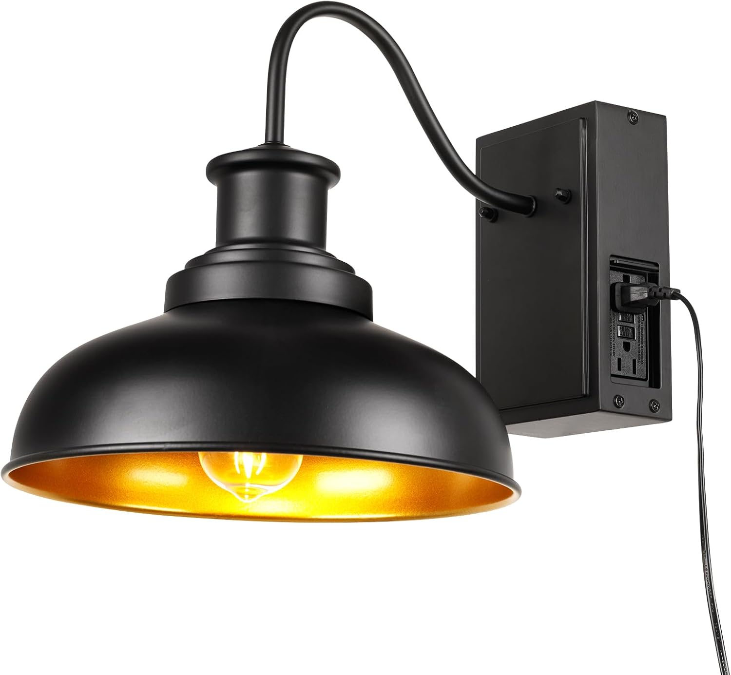 Outdoor Barn Light with GFCI Outlet, Farmhouse Exterior Wall Sconce Light, Vintage Wall Lighting Fixture Industrial Black Wall Lantern with Built in for Porch, Entryway, Garage, Patio