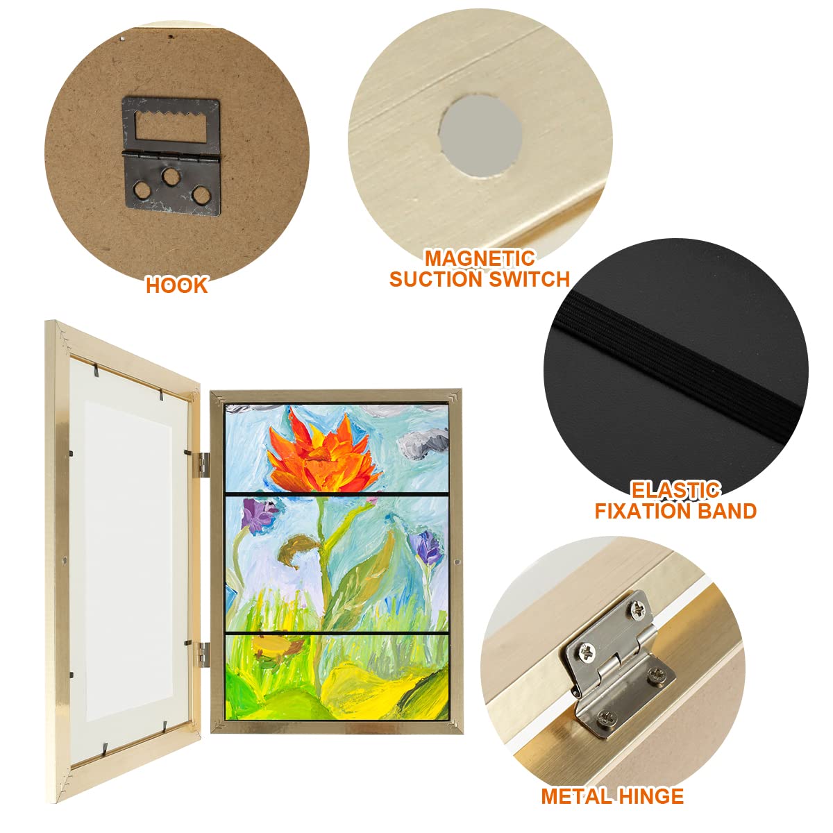 Cornici Per Disegni Bambini Con Cinghia - Apertura Frontale In Acrilico, Fino A 150 Opere, Marrone - Foto 8