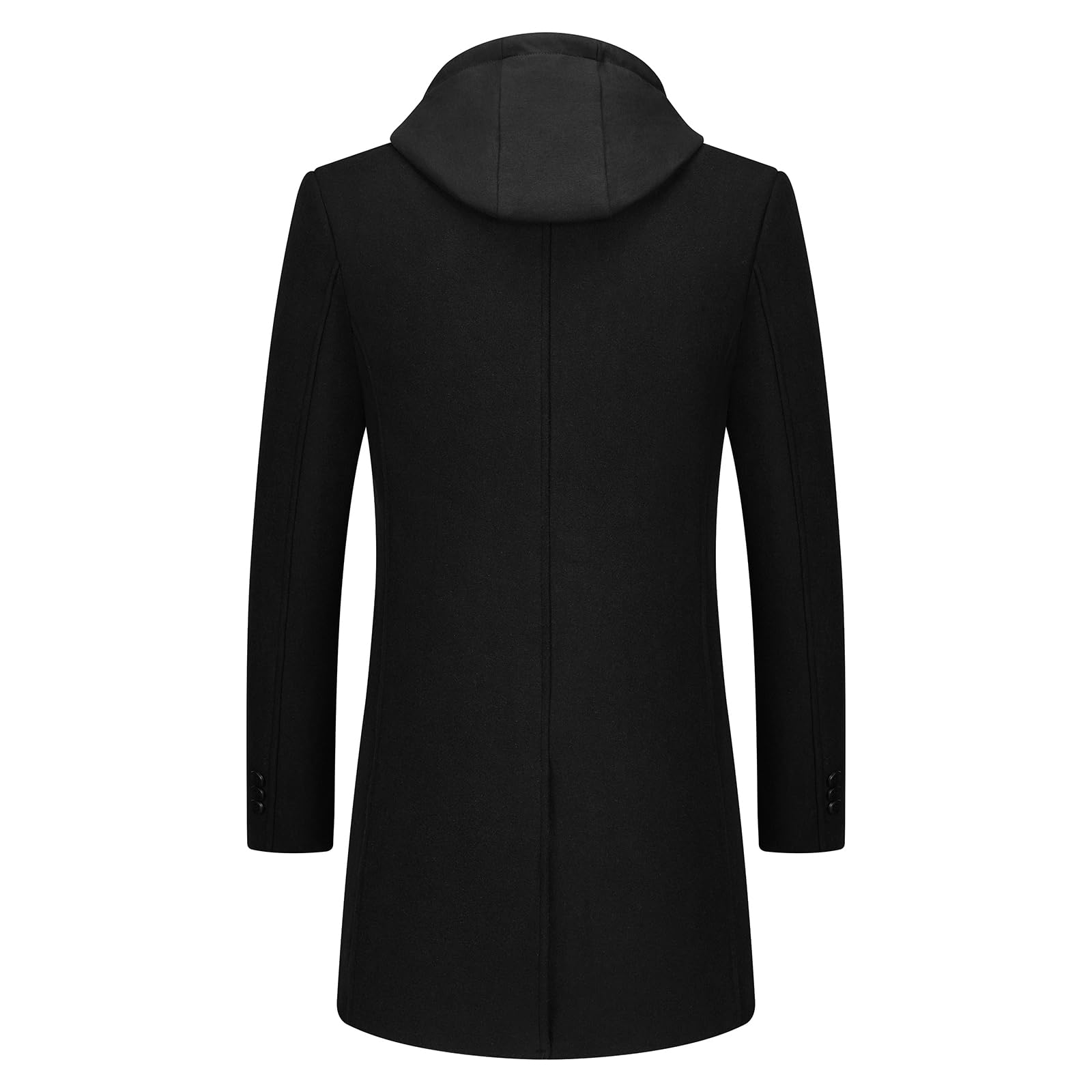 Cappotto da uomo in lana con cappuccio rimovibile e caldo, lungo trench, per l'inverno, capanna parka da uomo, slim fit, Nero , XS