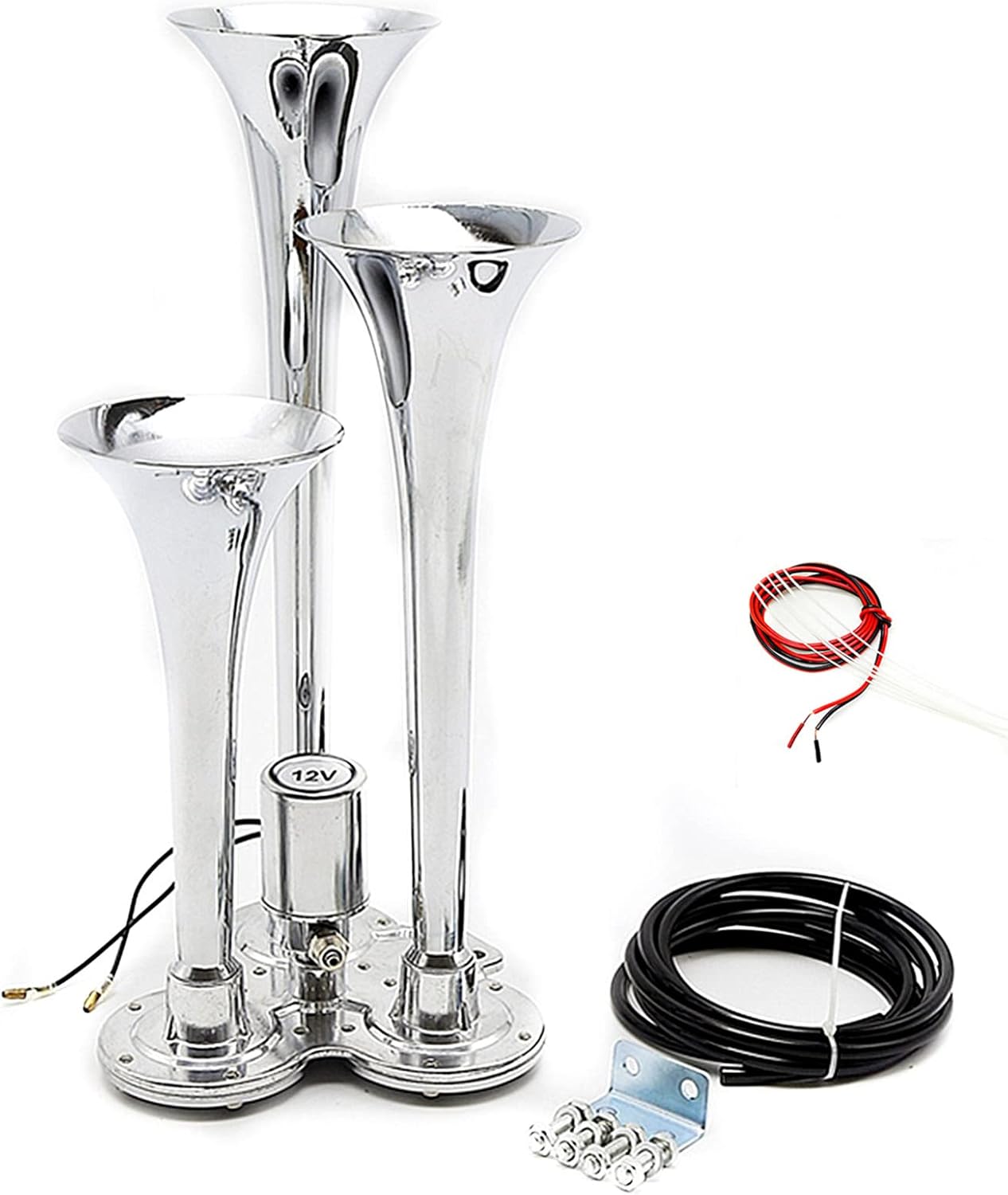 Car Air horn Silver Three-tube horn double row 12V 160DB solenoid valve Electronic control waterproof Large speaker Power horn Whistle Car sound for Car any vehicle truck Lorrys Trains Boatsair