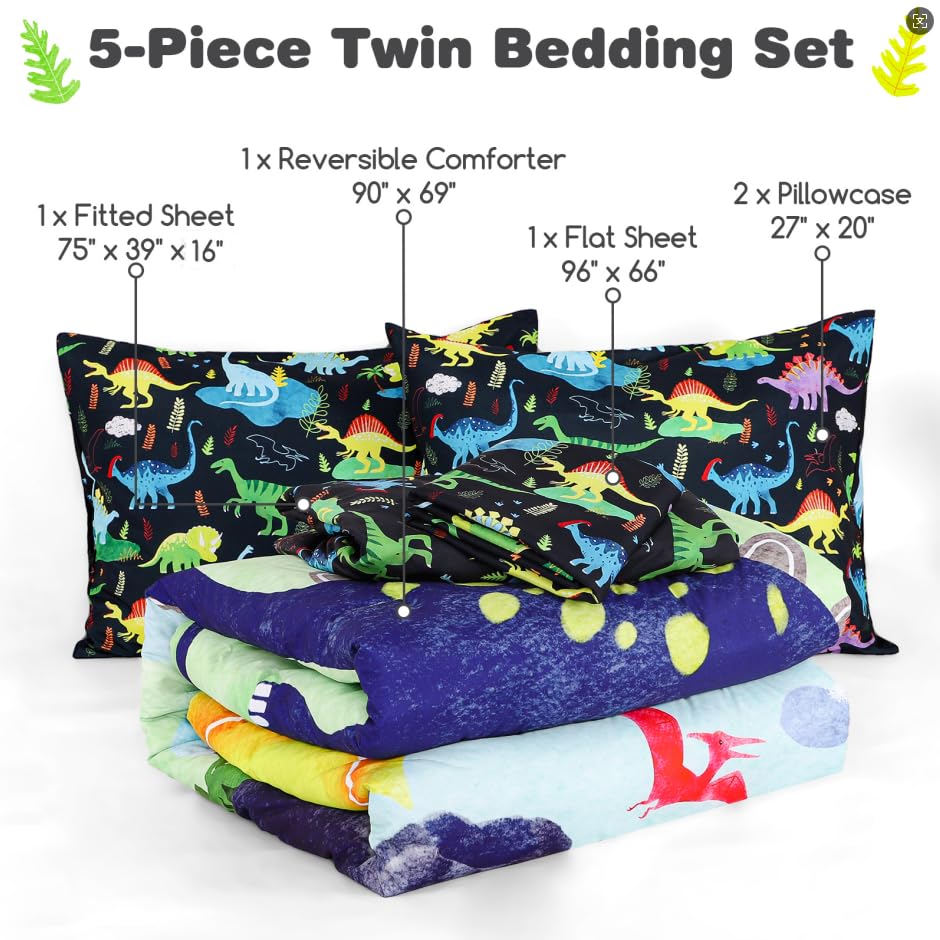 Image of Boys Twin Bedding Set, Dinosaur Twin Comforter Set for Boys Kids Bedding Set with 1 x Reversible Comforter, 1 x Fat Sheet, 1 x Fitted Sheet, 2 Pillowcases, Dinosaur