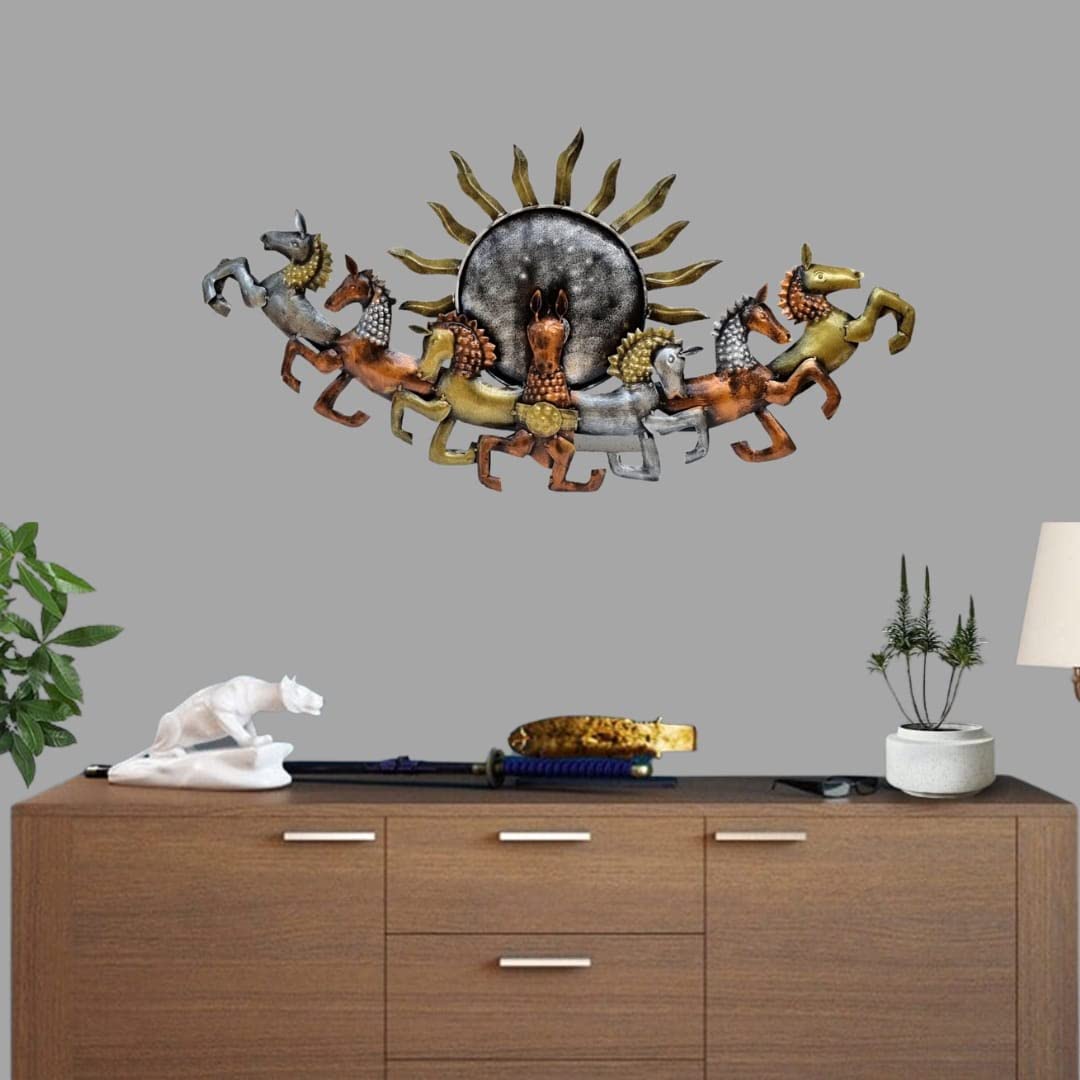 ZXC Metal Handcrafted Beautiful Iron 7 Horse with Sun Wall Hanging