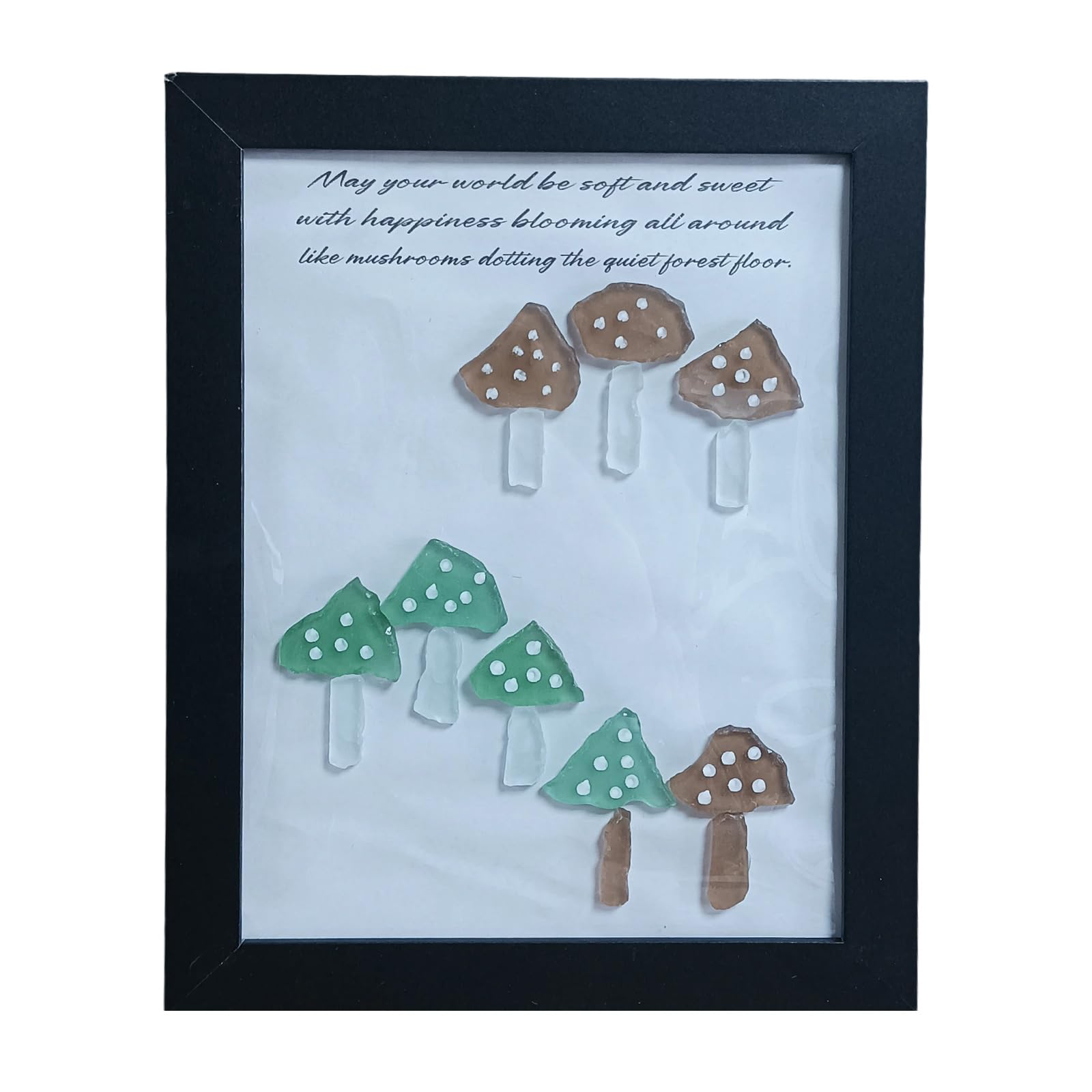 Msioytog Coastal Mushroom Themed Framed Artwork Multicolored Sea Glass Wall Art Frame Unique Home Tabletop Decoration Mushroom Art Frame