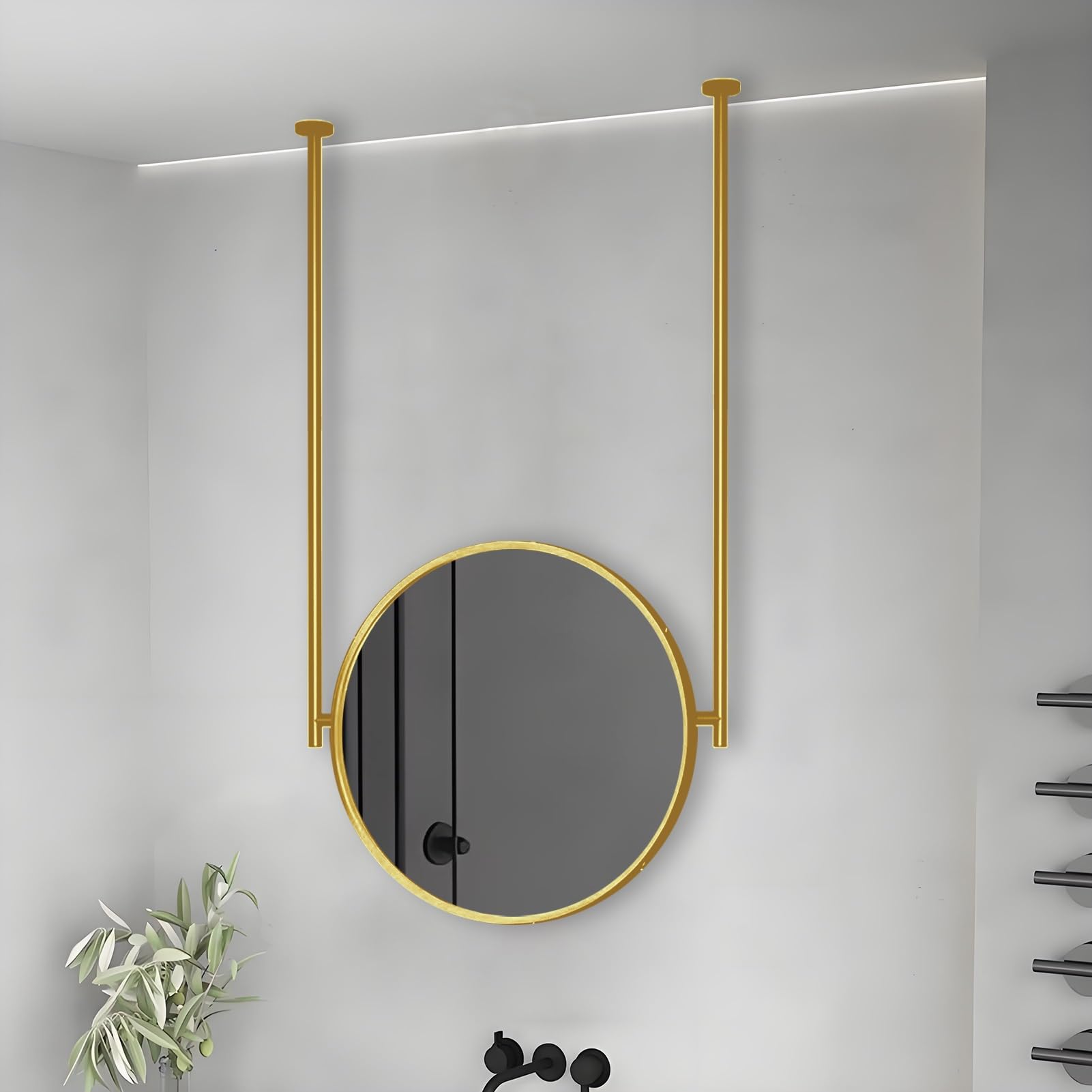 FGXHHS Gold Metal Framed Hanging Mirror, Floating Rod (Customizable Boom), Hallway, Vanity and Offce Decor Clear Practical(Diameter-70CM/27.6INCH)