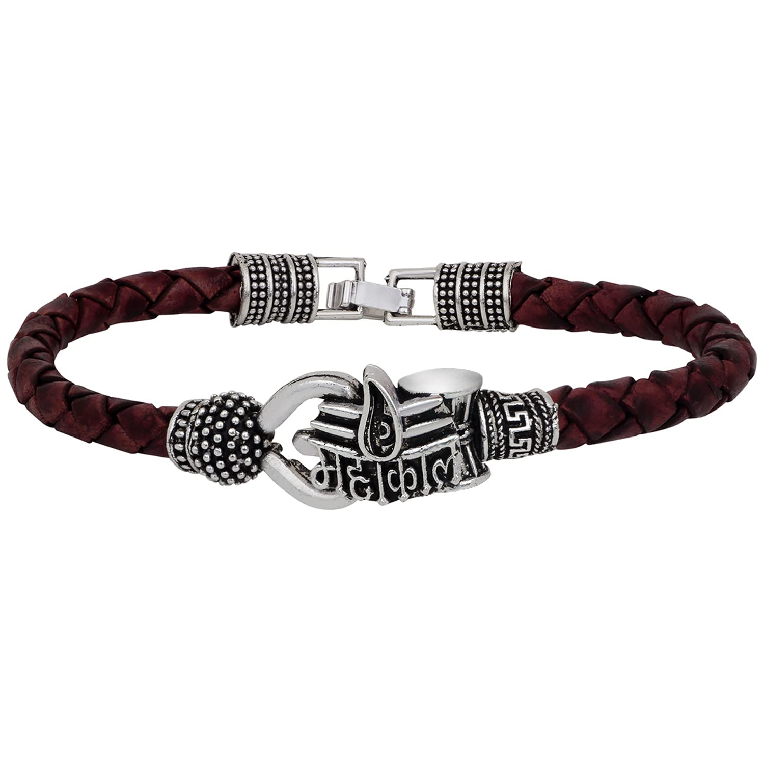 Mahi Rudraksh Lord Shiv Trishul Mahakal Damru Designer Leather Kadas Bracelet Cuff for Men (PABR1100425PR), Standard Size, Leather, Rudraksha