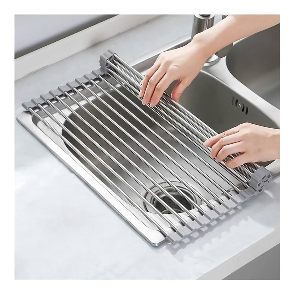 IvyLoutish Roll Up Dish Drying Rack Over The Sink Portable Stainless Still Rolling Rack Folding Mat, Sink Cover Multipurpose Organizer Collapsible Dish Drainer