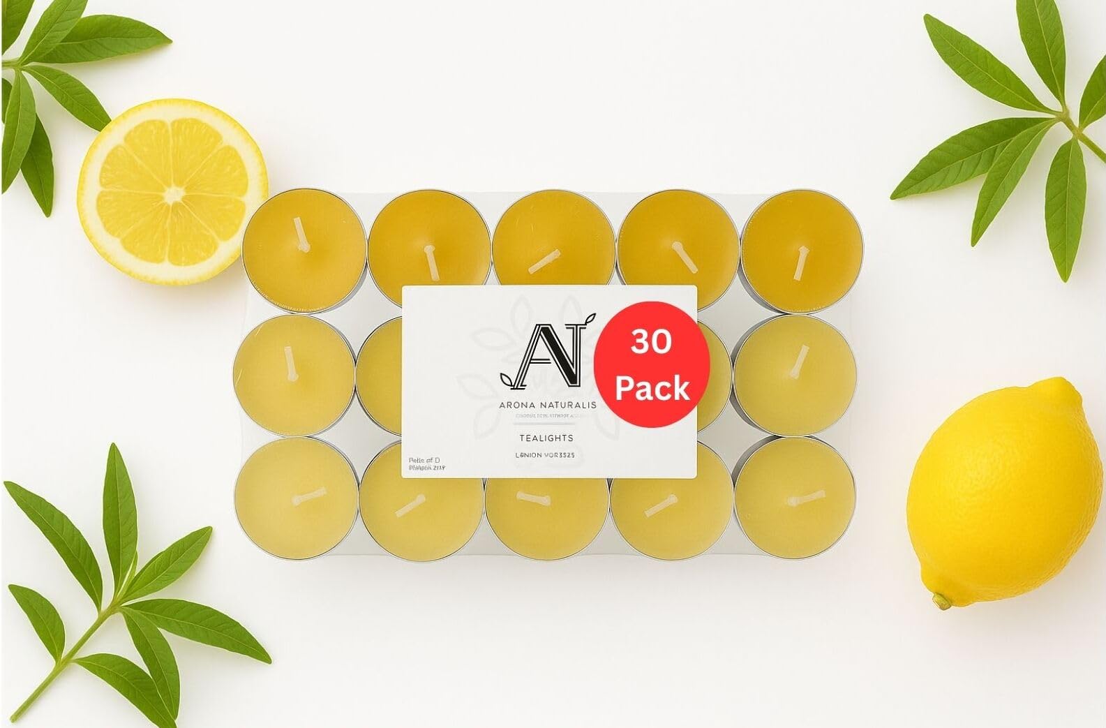 Aroma Naturals Lemon Verbena Scented Tealight Candles - 30 Pack - Yellow