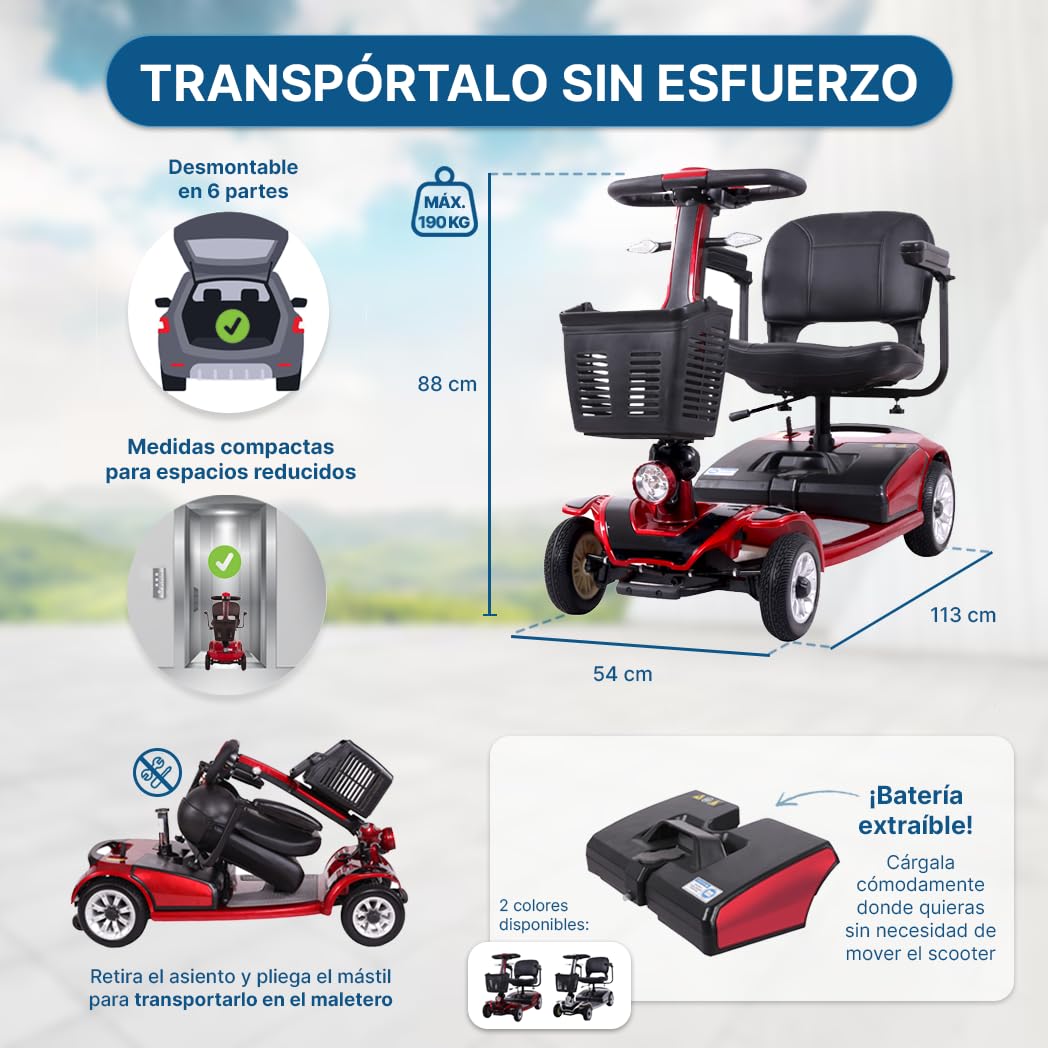 Scooter de Movilidad para Adultos 4 Ruedas 190Kg Desmontable Luces LED Dortomedical®