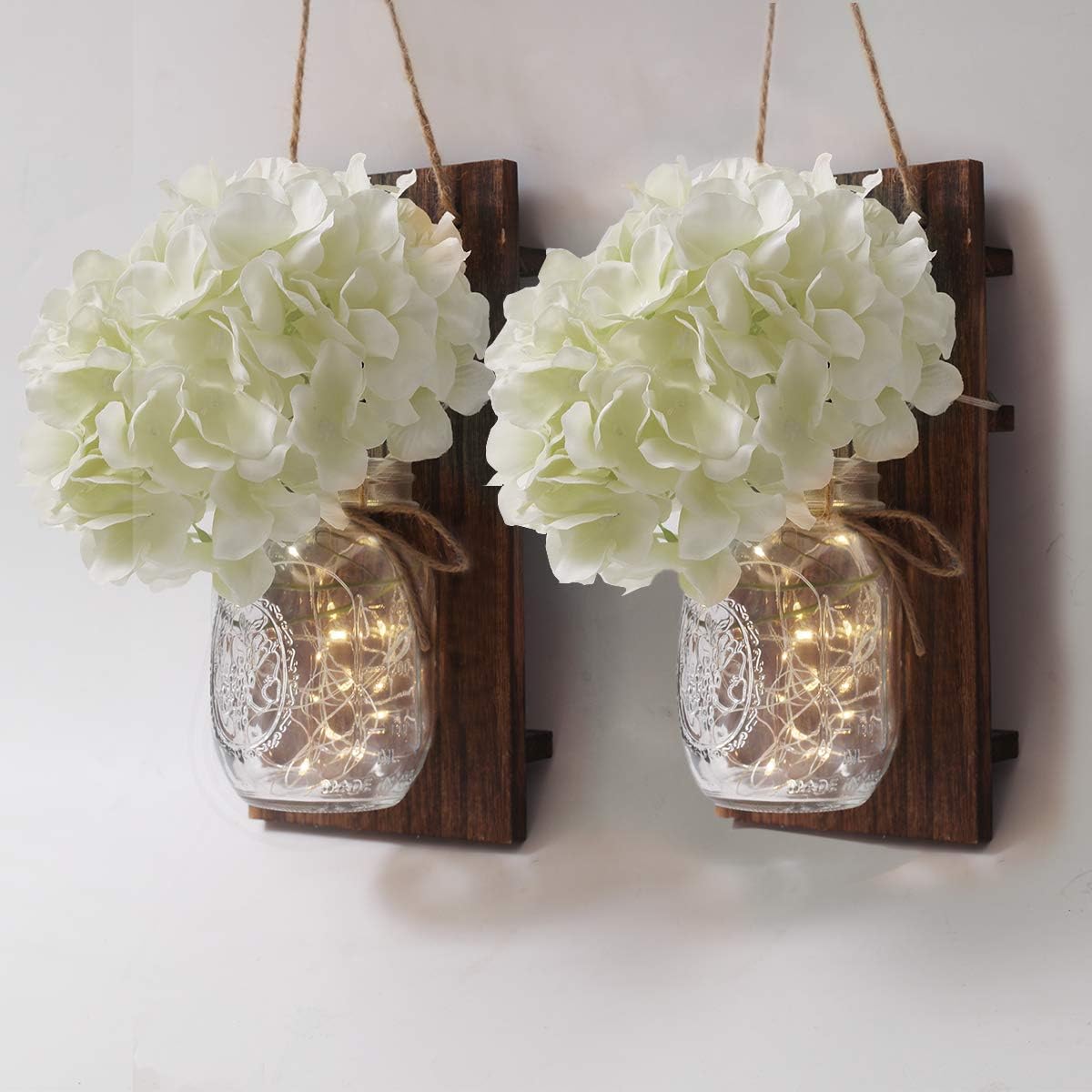 VIEFIN Farmhouse Mason Jar Sconces Wall Decor,Rustic Wall Sconces Home Decor with Remote Control, Silk Hydrangea,Dark Brown Wood Board and LED Strip with 20 Fairy Lights(2 Pack, White)