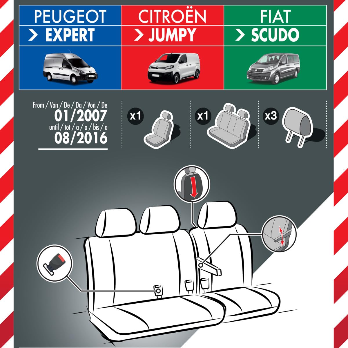 DBS 01013176 Couverture de siège Polyester Skaï Compatible avec CITROËN Jumpy II Van, PEUGEOT Expert II Van VF3A, VF3U, VF3X, FIAT Scudo II 270, 272