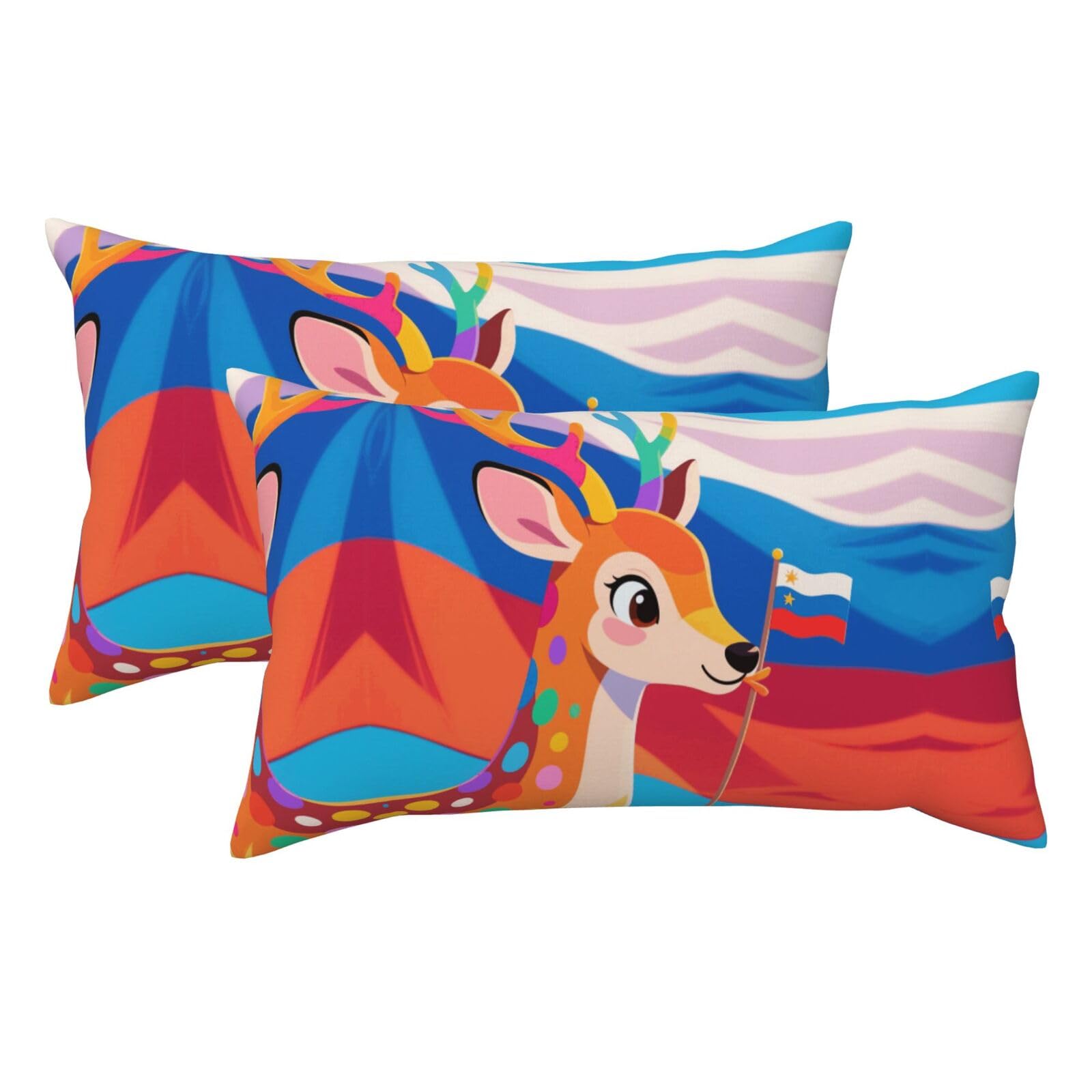 Colorful Deer and National Flag Luxury King Pillowcases Set of 2, Plush Velvet Feel Pillow Covers with Hidden Zipper, Skin & Hair Friendly, 20x36 Inches Pillow Cases for Sleeping Gift