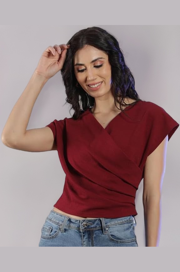 NEUDIS Women Polyester Knit Solid Fitted Overlap Top