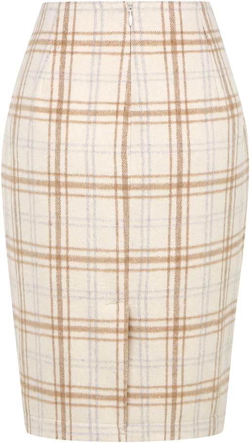 Kinghua Womens Wool Plaid Pencil Skirt Fall Winter High Waisted Slit Bodycon Knee Length Midi Skirt