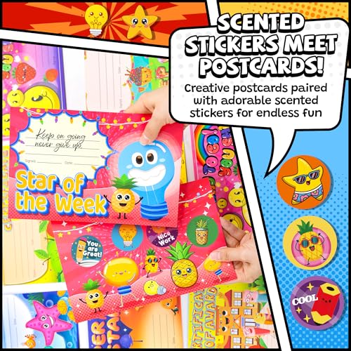 HORIECHALY Scented Stickers with Award Certificates for Kids, 32 Sheets Scratch and Sniff Stickers & 16 Reward Cards for School, 8 Scents Smelly Motivational Awards Kit for Teachers, Parents, Students