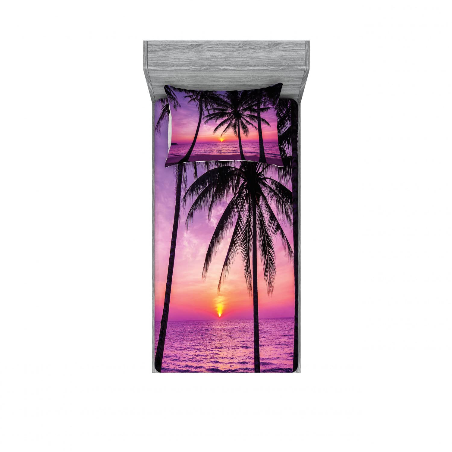 Ambesonne Tree 2 Pack Fitted Sheet & Pillow Sham Set, Palms Silhouette Purple, 4 Pcs Bedding Decor, Package Contains 2 Twin Size Fitted Sheets & 2 Pillow Covers, Purple Black