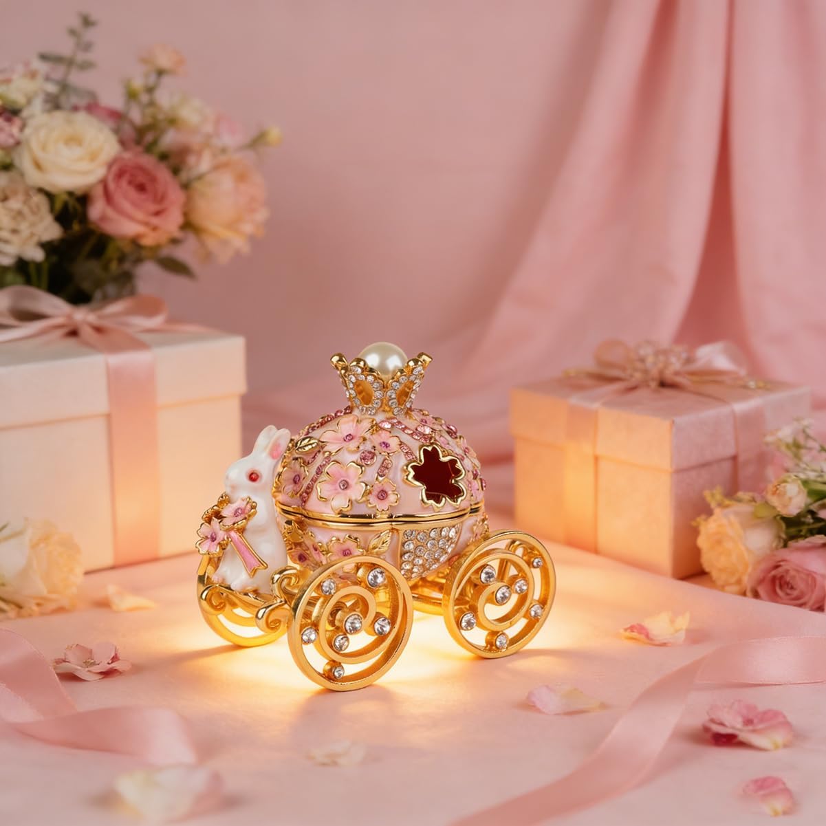 Bunny Pumpkin Carriage with Flowers Jewelry Trinket Box Hinged Hand-Painted Enamel Ornaments Gift for Home Decor (Pink) - Image 2