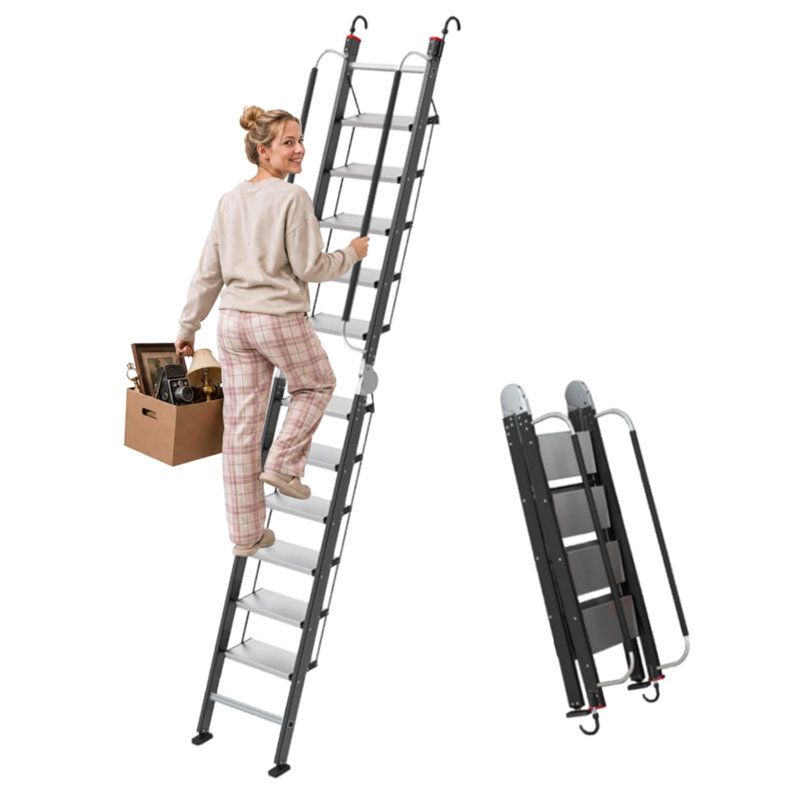 Plegable Escalera de Buhardilla con Pasamanos y Ganchos, 11 Peldaños Antideslizante Escalera para Altillo Apta para Techos de 2,7 a 3 m de Altura, Capacidad de Carga de 150kg