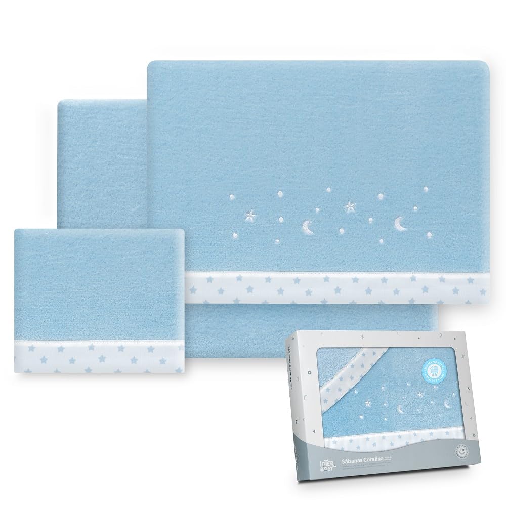 Interbaby - Parure de draps pour Poussette 40 x 80 | Drap Polaire Corail Chaud | Comprend Un Drap-Housse, Un Drap de Dessus et Une taie d'oreiller | Idéal pour l'hiver | Étoiles et Lune