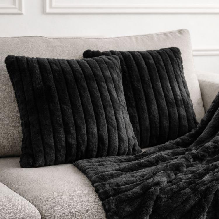 John Aird Set of 2 Ribbed Soft Faux Fur Cushion Cover โ Luxury Plush Decorative Throw Pillow for Sofa, Bed & Living Room (Black, 50 x 50cm) โ image 1