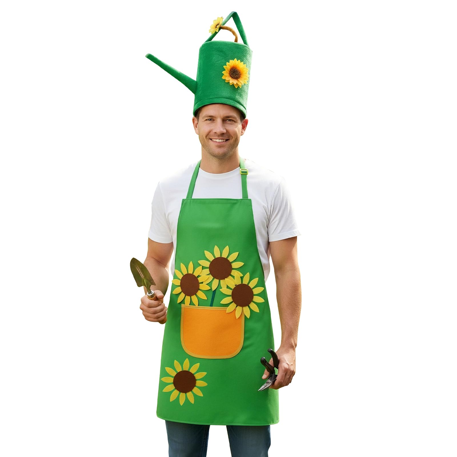 JadeLink Carnival Gardener Costume Gardener Apron and Handbag Watering Can Gardener Hat with Sunflower Appliques for Men and Women, Fancy Dress Costumes Accessory
