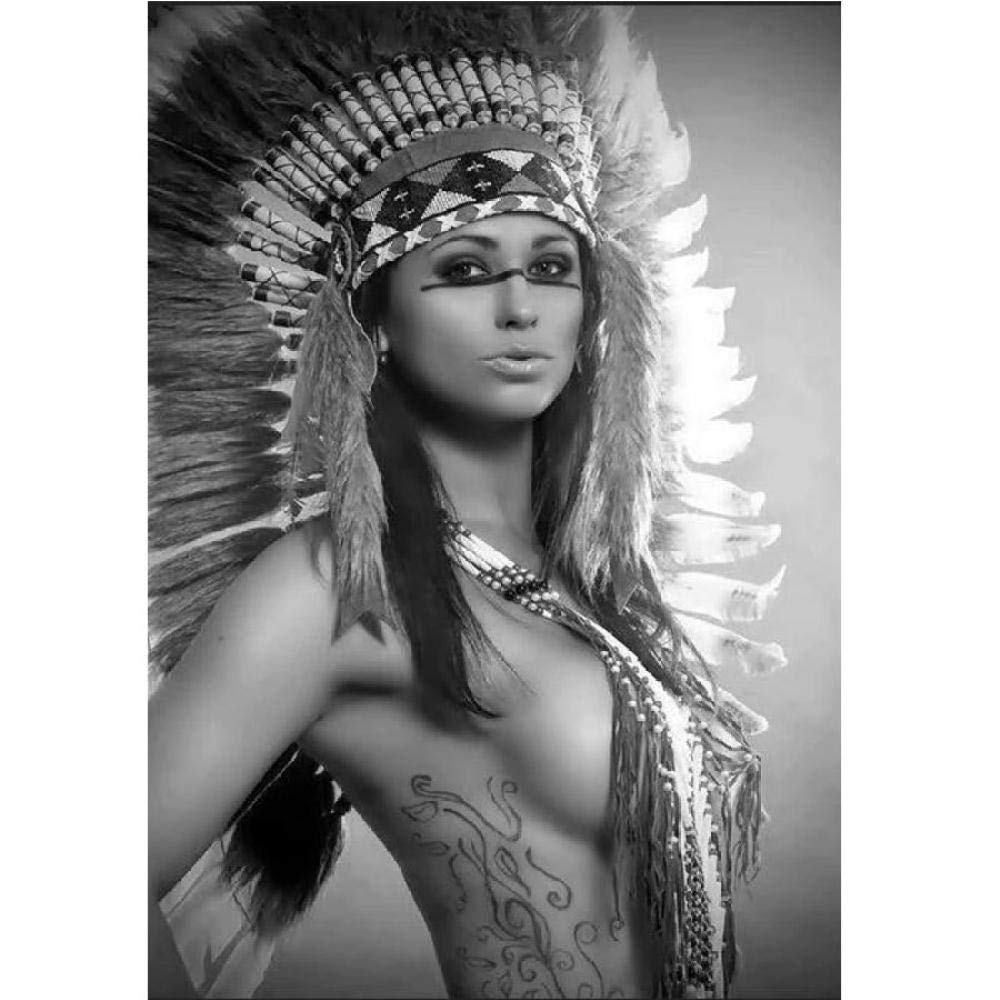 Jiahuade 5d Diamond Drawing DIY Crafts Black White American Natives Indian Girl Cute Rhinestone Canvas Cross stitch-40x50cm