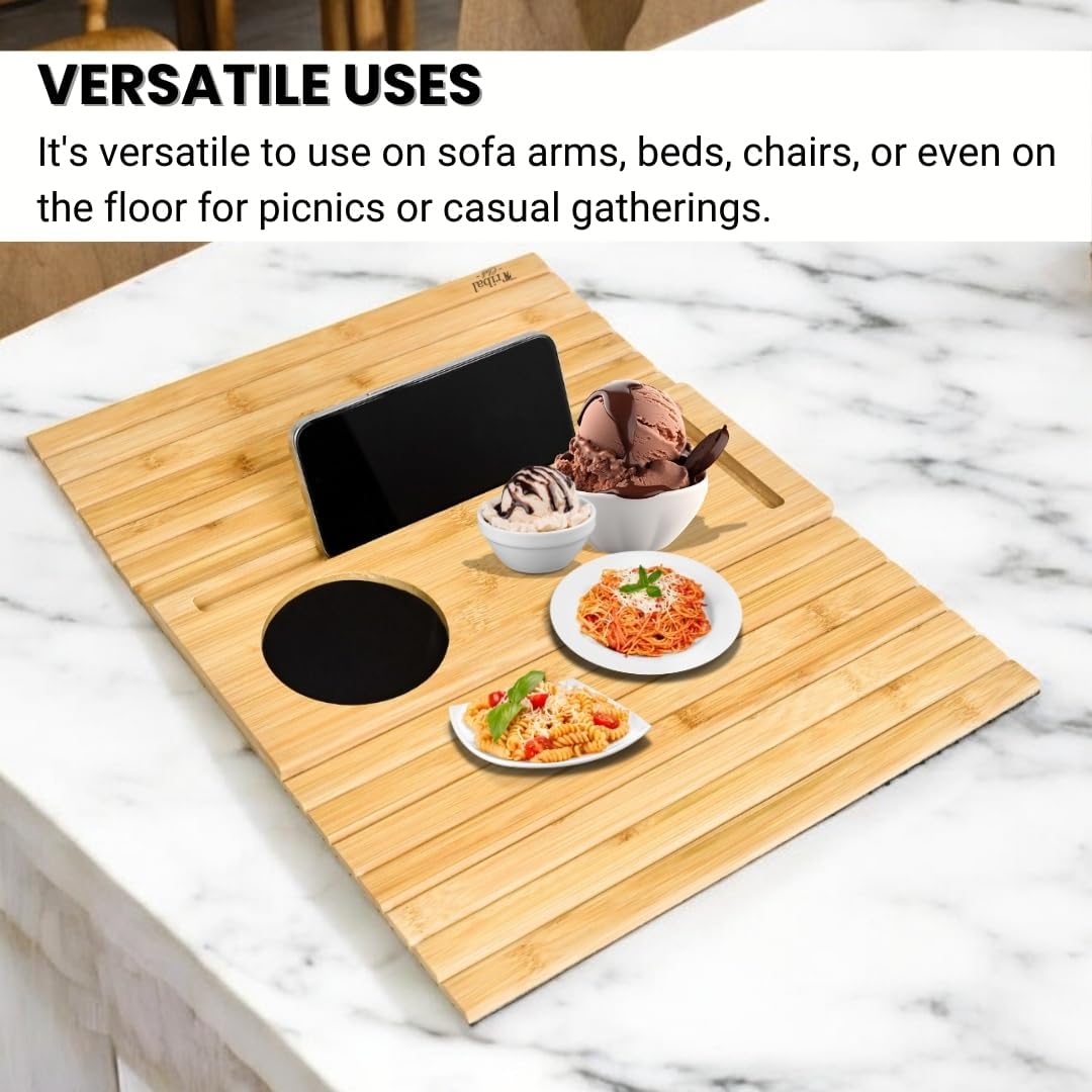 Bamboo Sofa Arm Tray, Couch Armrest Tray - Natural Bamboo Design Couch Armrest Table Caddy for Snacks, Drinks, Remote, Cups | Flexible & Foldable (Natural Bamboo)