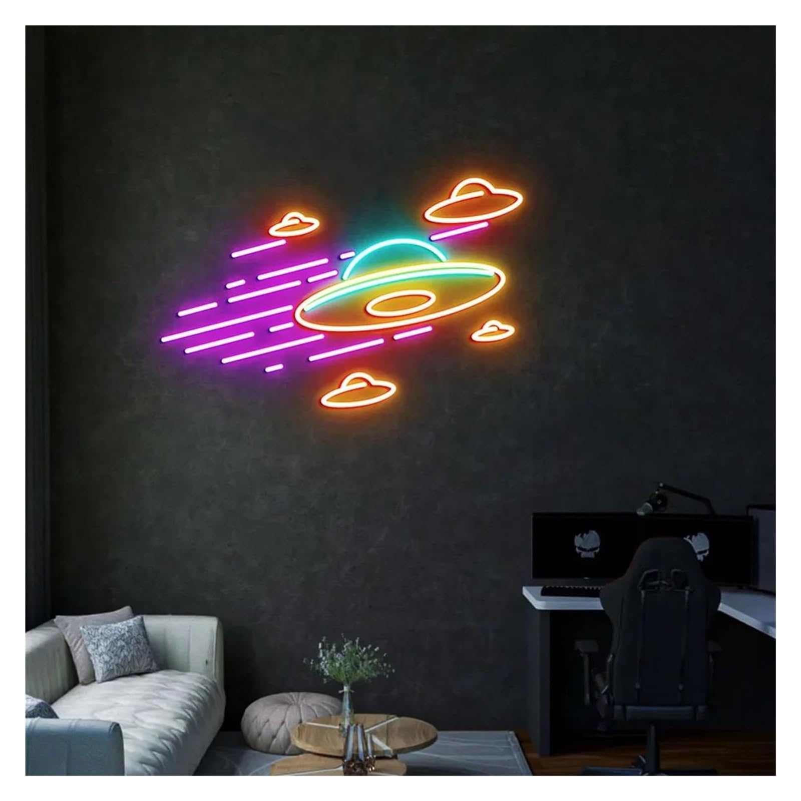 LEMST Signs Lamp Flying Saucer Neon Signs USB Powered Adjustable Brightness UFO Neon Lights, for Club Party Decor 36cmx38cm(C)