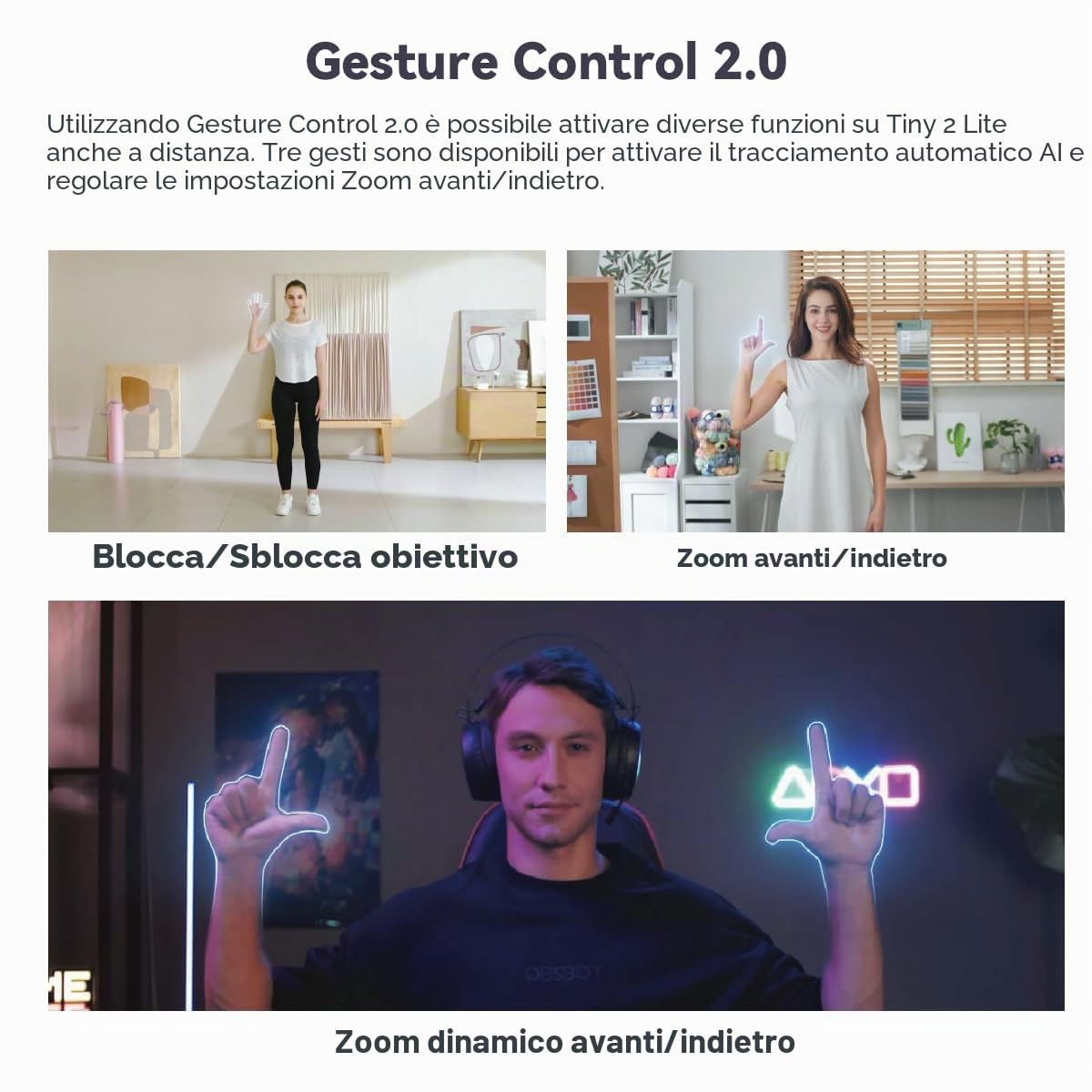 OBSBOT Tiny 2 Lite, PTZ 4K Webcam 1080P@60fps HDR, fotocamera PC con tracciamento AI, microfoni con riduzione del rumore AI, treppiede, controllo gestuale, autofocus, Plug&Play, ideale per il gaming o